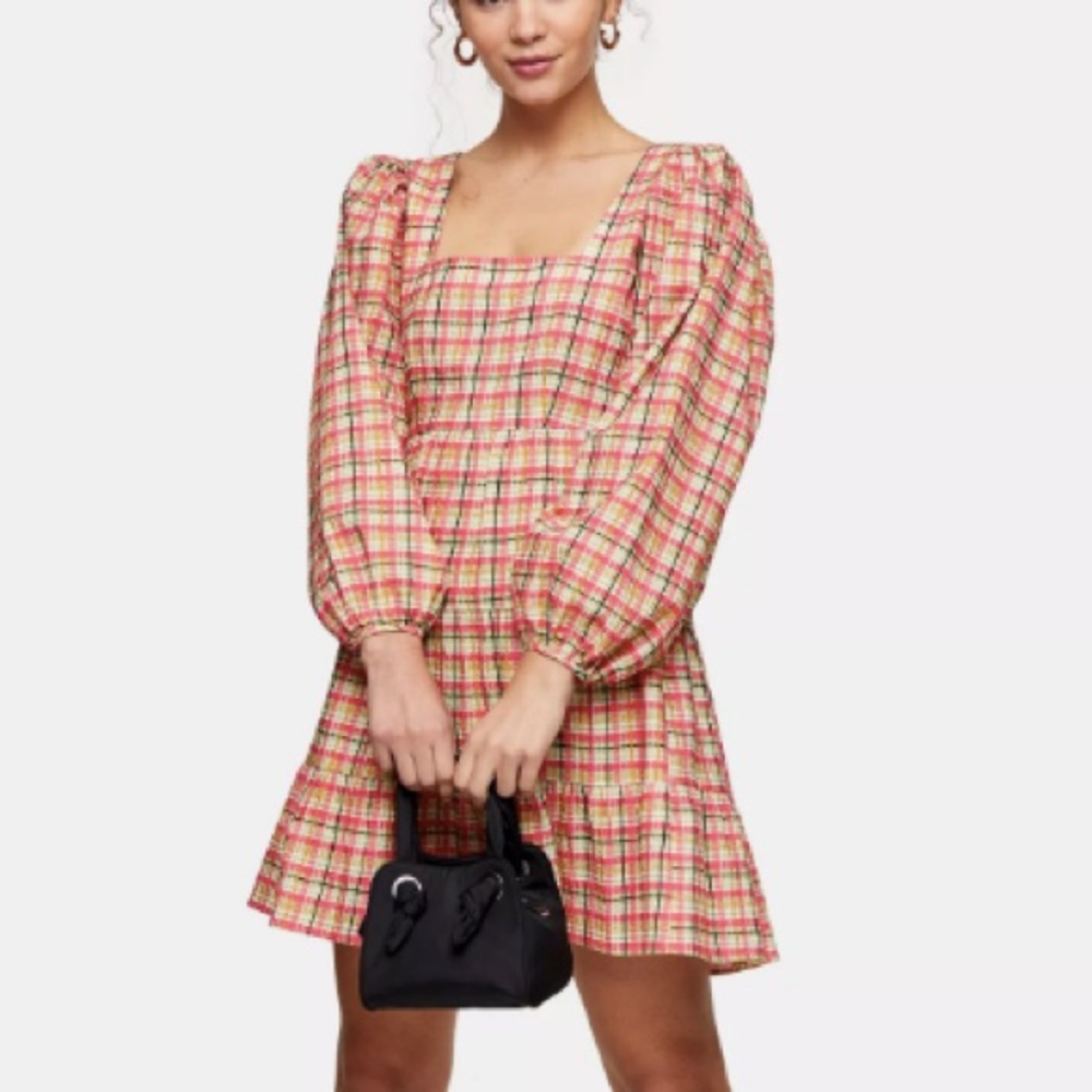 Topshop Pink Multi Plaid Square-Neck Mini Dress